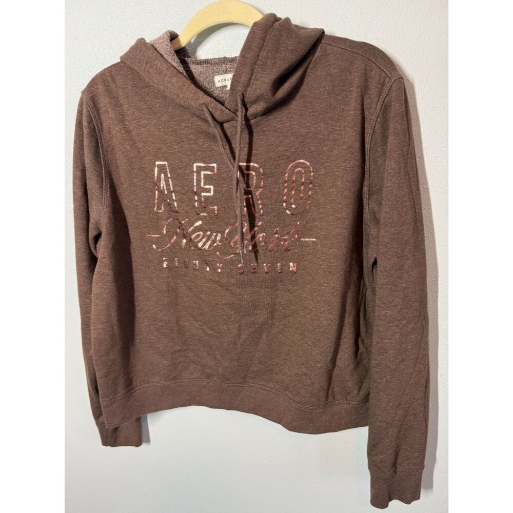 Aeropostle Womens Cropped New York 87 Brown Pullover Hoodie Sweatshirt Size XL